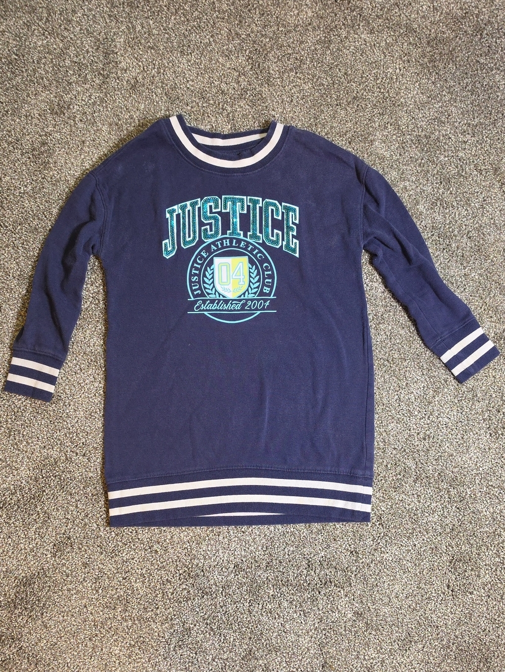 Justice Navy Blue Athletic Logo Sweatshirt Dress with Stripes
